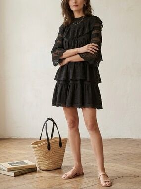 DÔEN Oralie Black Lace 3/4 Sleeve Mini Dress